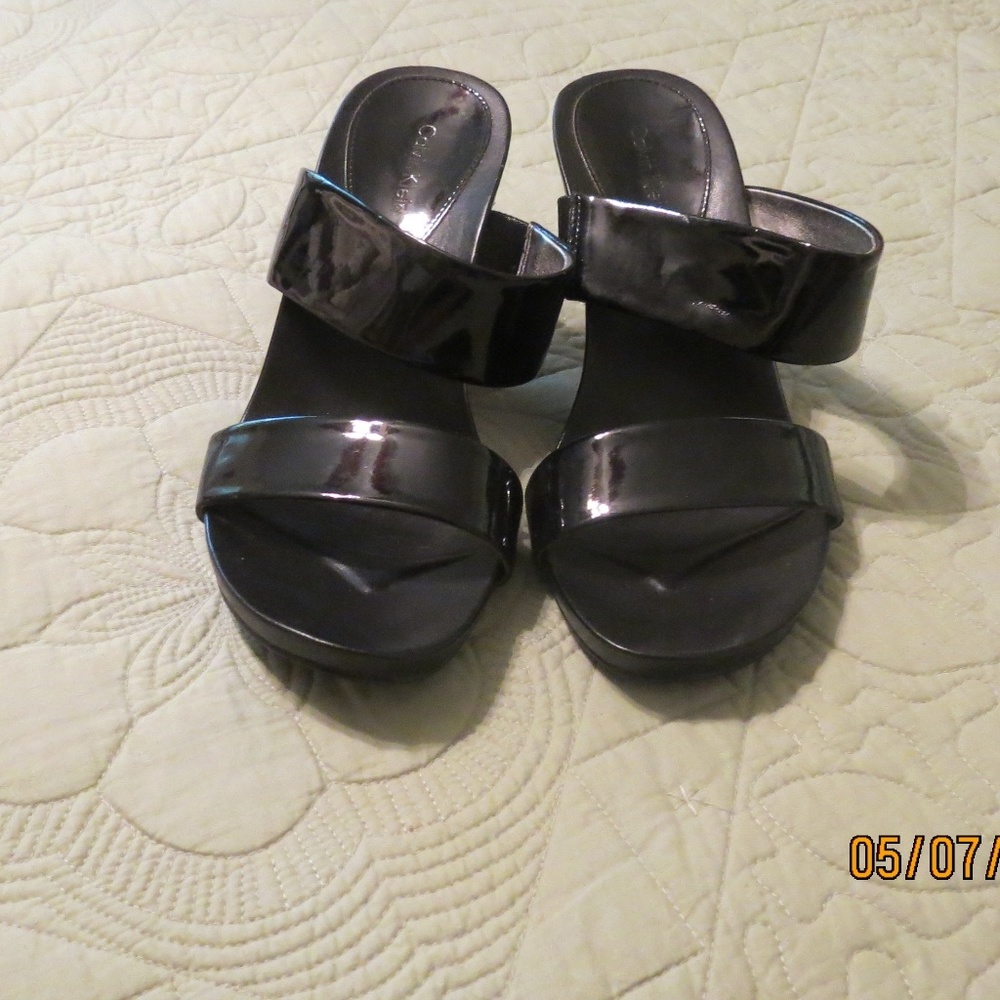 Calvin Klein Black Patent Wedge Sandals
